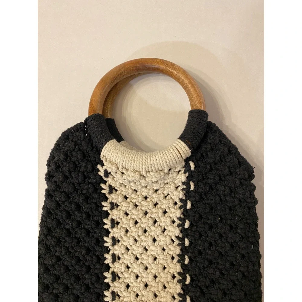 LAUDE‎ the Label Black Cream Mini Macrame Cotton Bag with Wooden Ring Handles